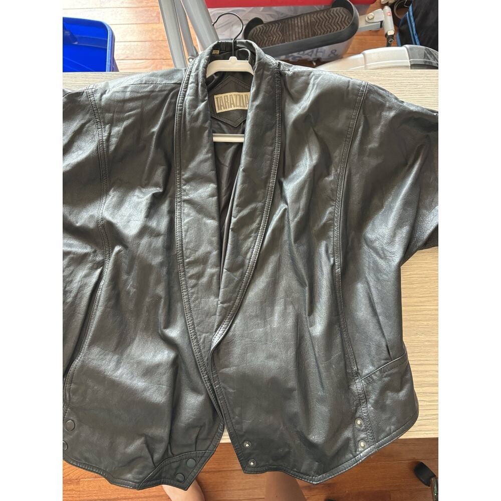 Vintage Tarazzia Black Leather Jacket Women’s L 90s Oversized Open Front Coat - Picture 7 of 11